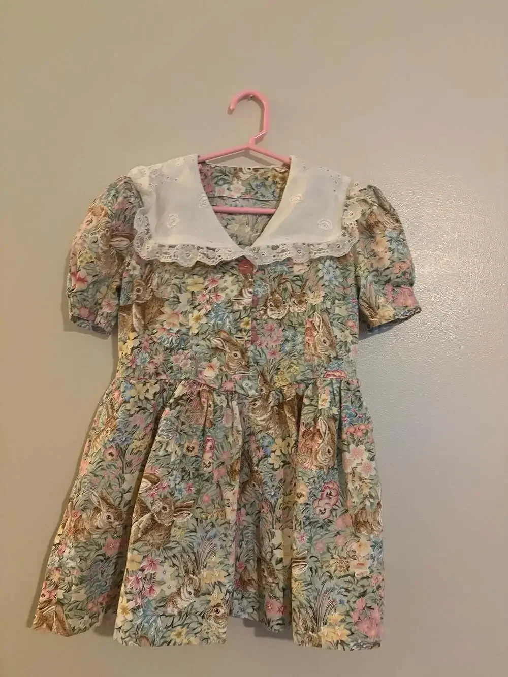Vintage Style Handmade Floral Rabbit Print Girls Cottagecore Dress with Lace